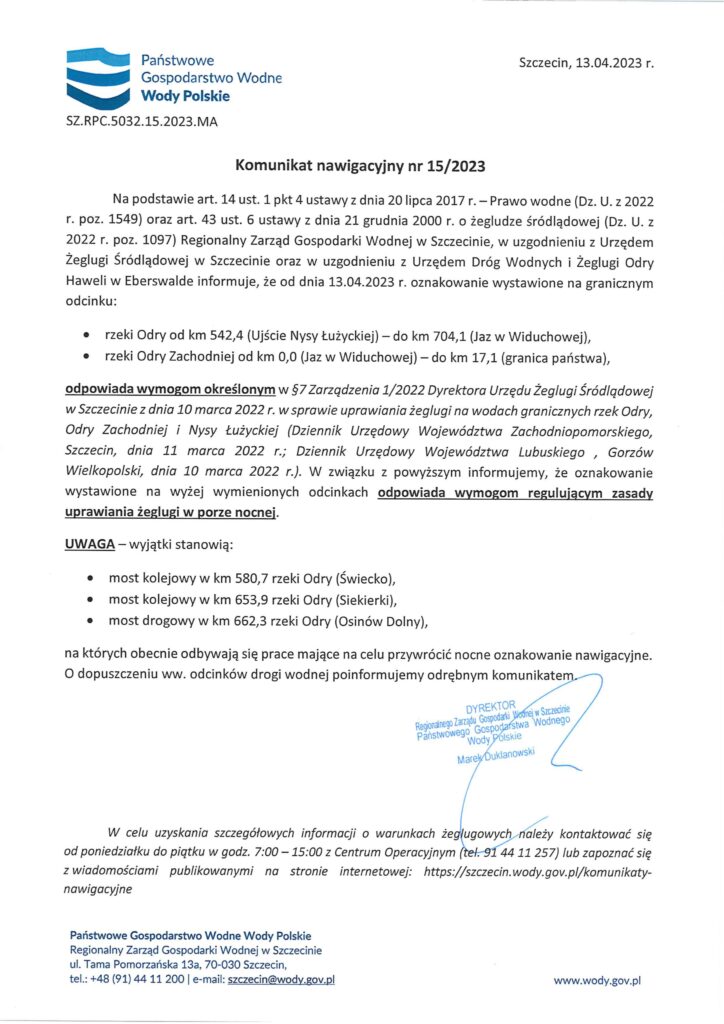 Komunikat nawigacyjny 15-2023 - dopuszczenie możliwości uprawiania żeglugi nocnej na drogach wodnych Odry Granicznej w administracji RZGW Szczecin