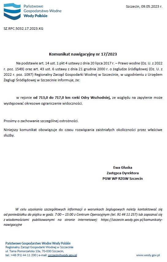 Komunikat nawigacyjny 17-2023 - ostrzeżenie o ograniczonej widoczności na rz. Odrze w km 7130 - 7170