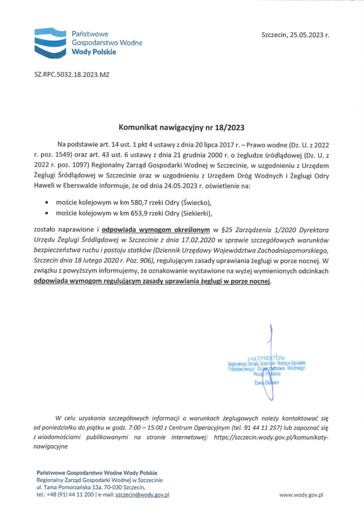 Komunikat_nawigacyjny_18-2023_-_dopuszczenie_możliwości_uprawiania_żeglugi_nocnej_na_moście_w_Świecku_i_Siekierkach